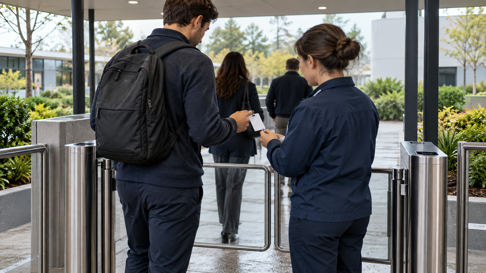 Scena illustrativa di verifica di un pass da parte di un addetto immaginario